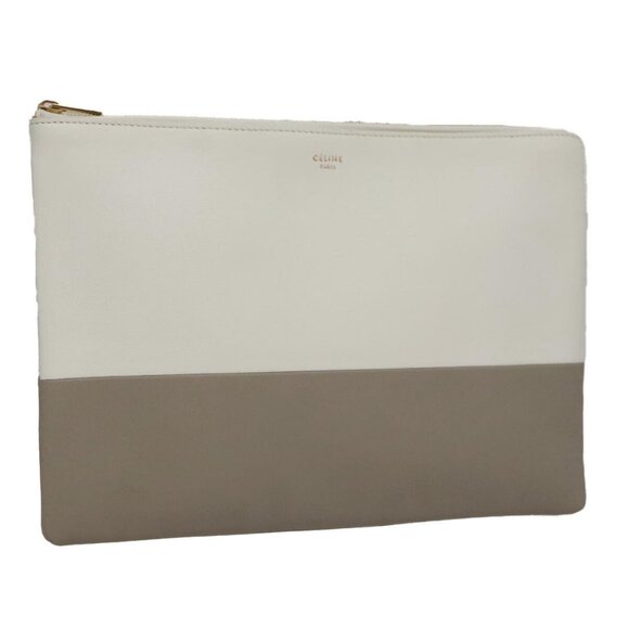 CELINE Clutch Bag Leather Gray White Auth am - Picture 1 of 15